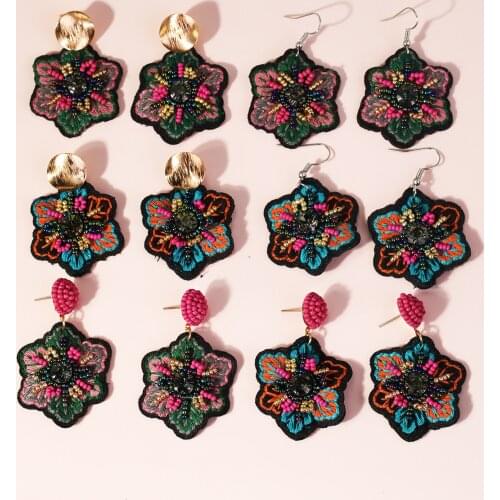 2021 Fashion Bohemian Ladies Summer Retro Hand Embroidery Hanging Embroidered Resin Beaded Pendant Earrings Party Girl Gift