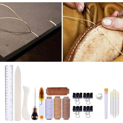 25pcs Waxed Thread with Hand Sewing Needles Kit, Drilling Awl Thimble Hand Stitching Cord for Leather Craft Needles