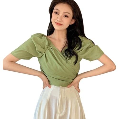 Bubble Sleeve Belt Tie Shirt Design Sense Careful Machine V-neck Slim Short Summer Short Sleeve Blouse