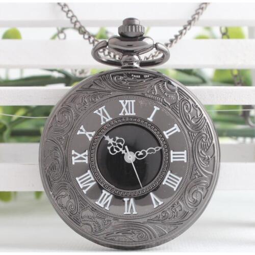 Vintage Charm Black Unisex Fashion Roman Number Quartz Steampunk Pocket Watch Women Man Necklace Pendant with Chain Gifts Watch