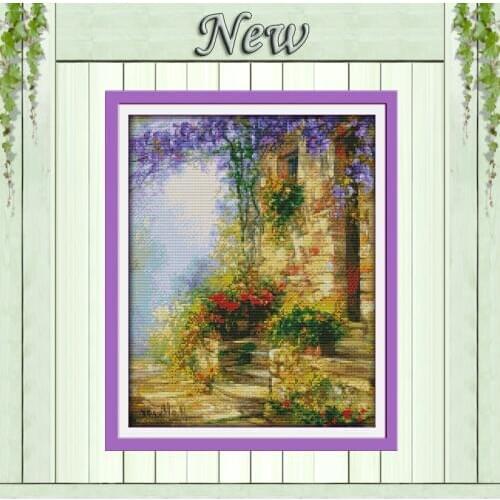 Flower path,Counted Printed on canvas DMC 11CT 14CT Cross Stitch kit,needlework Set embroider,home house garden Scenery painting