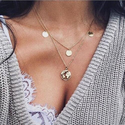 European Double Layer World Map Round Sequin Pendant Necklaces Women Vintage Geometric Clavicle Necklaces Jewelry Kolye YN793