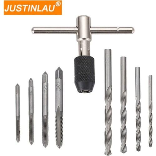 JUSTINLAU 9 piece woodworking alloy hand tap twist set with M3-M6 tap and T-handle tap wrench M3M4M5M6 reamer set