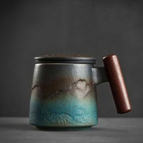 Ceramic Retro Coffee Cup Office Water Filter Make Tea With Lid Cover and Mugs Wooden Handle Caneca Birthday Gift Box Creativity