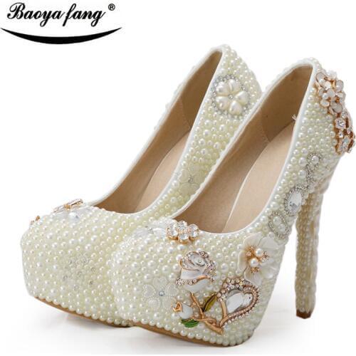 Fashion Beige pearl Platform shoes Women Wedding shoes Bride beads heel party dress shoes high heels woman Pumps platform shoes