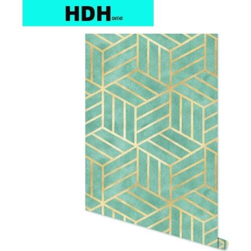 HDHome Light Green and Gold Geometry Stripped Hexagon Peel and Stick Wallpaper Green Stripes Self Adhesive Wallpaper Removable
