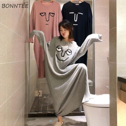 Nightgowns Women Full Spring Fruit Letter Print Sleepshirt Female Long Sleeve Loose Home Wear Nighty Cute Oversize Fashion Chic