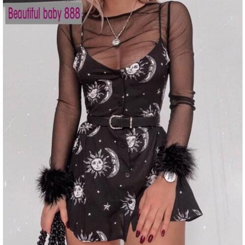 Meqeiss 2020New Women dresses loose v-neck sleeveless mini dress black sun moon star printing Elegant Female spring summer dress