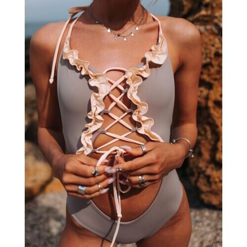 2020 New Womens One-piece Swimsuit Solid Color with Lace-up Bandage Swimwear Hollow Sexy Bathing Suit Plus Size