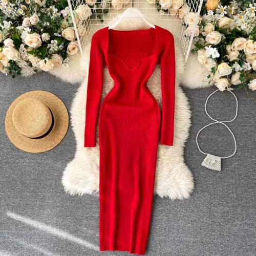 Dresses For Women 2021 Sexy Strapless Ribbed Knitted Bodycon Dress Women Winter Long Sleeve Midi Sweater Dress Clothes