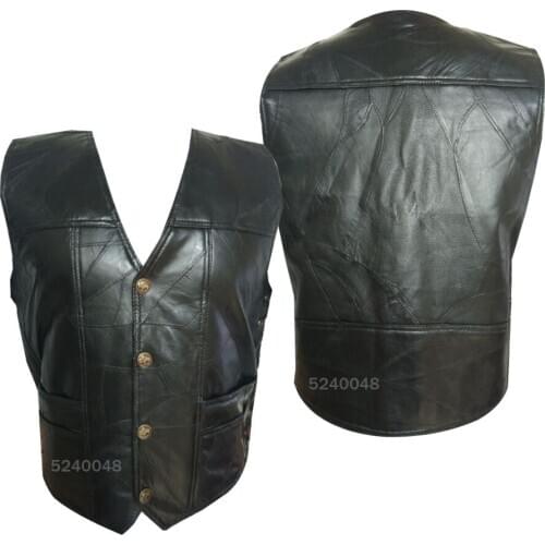 Full Black Genuine Leather Motobike Riding Team Vest Biker Vests Waistcoat Punk Club waistcoat Button Closure
