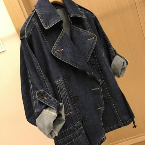 SuperAen 2021 Korean Loose Turn-down Collar Double Breasted Jacket Spring and Autumn New Fashion Simple Denim Coat for Women