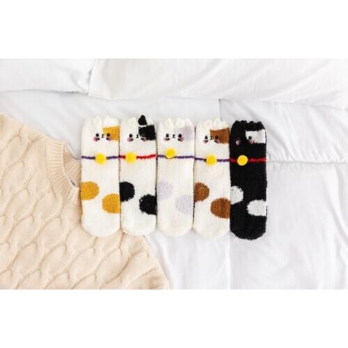 Yishine 12 Pairs New Winter Thick Coral Velvet Socks Cat Embroidery Women Cartoon Sweet Solid Girl Sock Cute Animals Cotton Sock