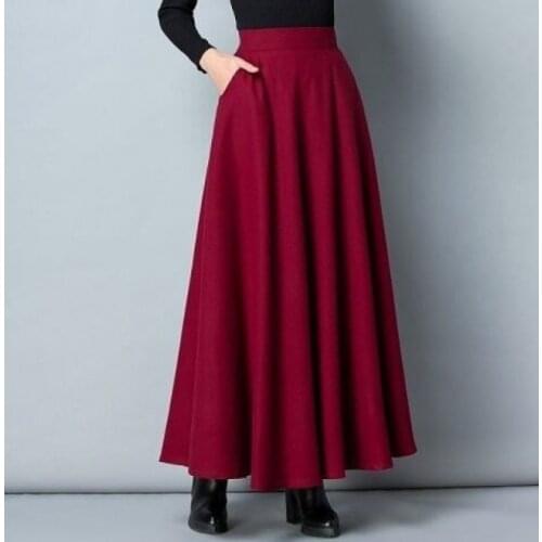 Autumn Winter Woolen Print Womens 2021 New High Waist Medium Length A-line Large Swing Shows Thin Long Skirt Claret Red