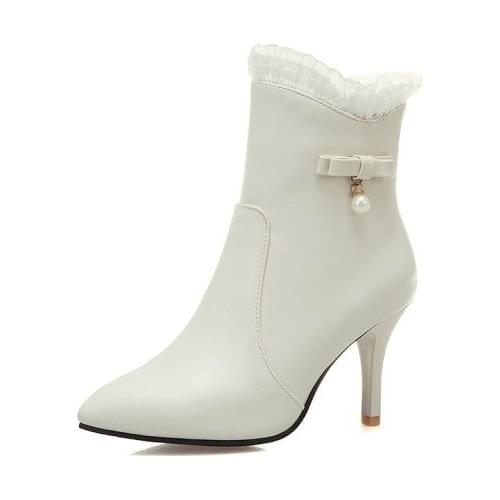 Big Size 9 10 11-17 boots women shoes ankle boots for women ladies boots shoes woman winter Lace bow pearl side zipper