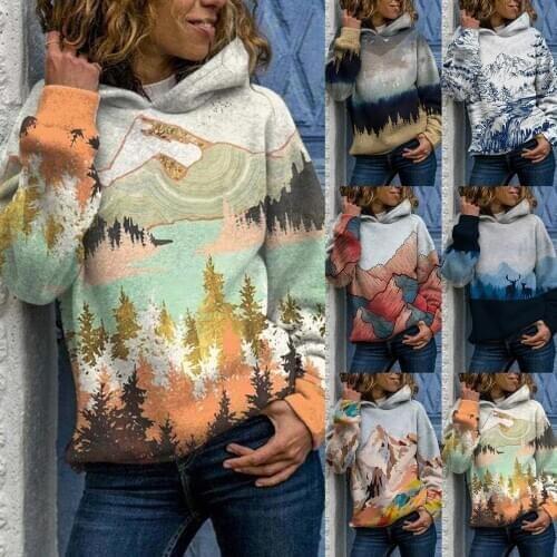 Plus Size Sweatshirt Hoodies Women 2020 fashion Oversized Women Mountain Print Pullover Long Sleeve Sweatshirts Shirts толстовка