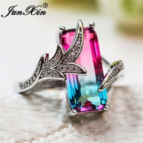 JUNXIN Cute Mermaid Tail Rings For Women White Gold Red Blue Crystal Big Rectangle Stone Wedding Bands Rainbow Jewelry