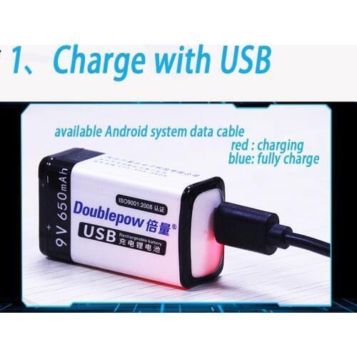 1 pcs. 9V original Doublepow USB battery 6F22 9V 650 mAh wireless microphone KTV tool using smart battery