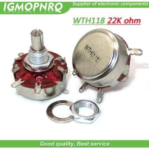 5PCS WTH118 2W 1A Potentiometer 22K ohm WTH118-2W Round Shaft Carbon Rotary Taper Potentiometer WTH118