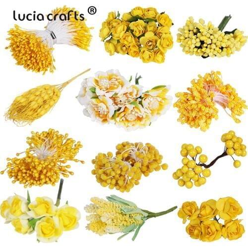 6/10/12/50/70/288pcs Mix Yellow Flower Cherry Stamen Berries Bundle DIY Christmas Wedding Cake Gift Box Wreaths Decor D1007