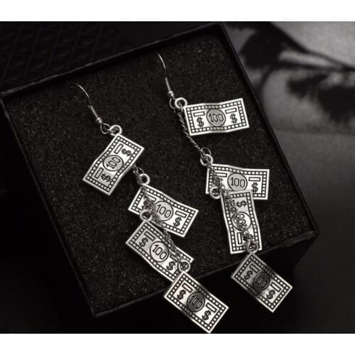 Antique Sliver Funny 100 Dollar Bill Money Currency Dangle Earrings For Women