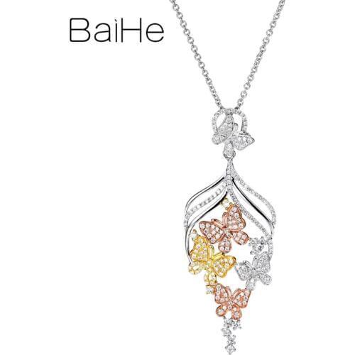 BAIHESolid 18K White+Yellow+Rose Gold 0.70ct H/SI Natural Diamond Wedding Women Trendy Fine Jewelry Beautiful butterfly Necklace