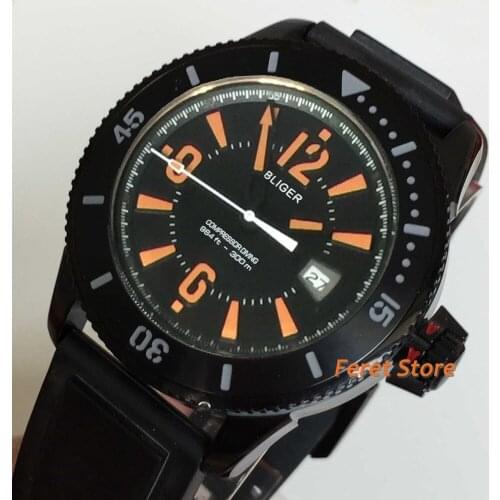 BLIGER New 43mm men watch black orange dial black steel case black rubber strap automatic Wristwatch