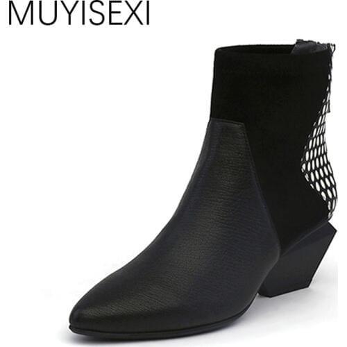 Pointed Toe Boots Zipper Patchwork Ankle Boots for Women Genuine Leather Thick High Heel 6 cm Women Shoes HL42 MUYISEXI