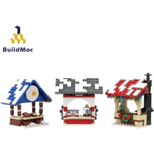 Buildmoc Christmas City Street View Winter Village Market Stalls Architecture Model Building Blocks Bricks Toys Kid Gift