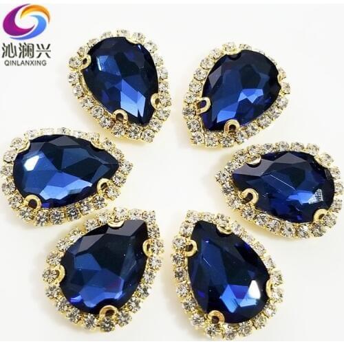 Ink blue Golden bottom Top grade Glass Crystal buckle,Drop shape sew on rhinestones,Diy wedding decoration 10pcs/pack SWSK21