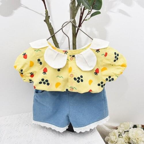 Childrens Wear Girls Petal Collar Cardigan Short Sleeve Floral Suit New Summer Girls Beautiful Two Piece Set