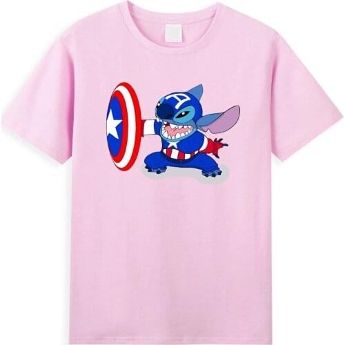 Stitch Captain America Men T Shirt Funny Cosplay Marvel Superhero T Shirts Male Cool Short Sleeve Hip Hop Street Summer T-Shirt