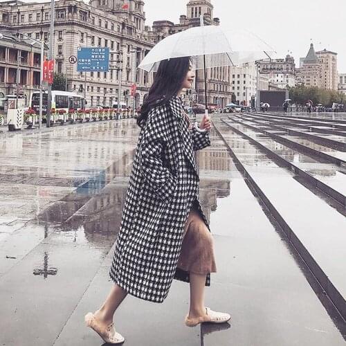 Turn-down Collar Loose Soft New Cardigan Outerwear Plaid Wool Winter Coat Women Thick Warm Black White Plaid Casual Long Coat