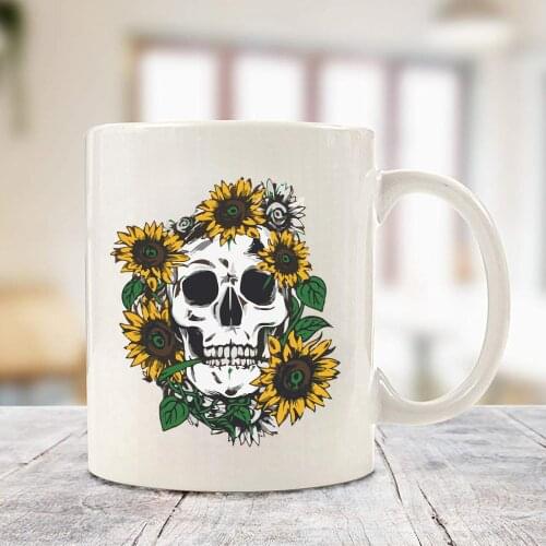 Skull And Sunflowers Coffee Mug Creative White Ceramic Mugs and Cups Eco Friendly Reusable Porcelain Cup Friends Birthday Gifts