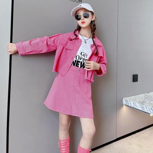 Girls' short denim a-skirt two piece set simple fashion medium young children 2021 spring and autumn wear new style