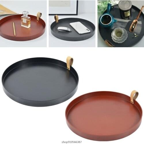 Round Home Storage Tray with Side PU Handle Multi Purpose Fruit Dessert Plate Jewelry Cosmetic Display Dish Kitchen Wholesales