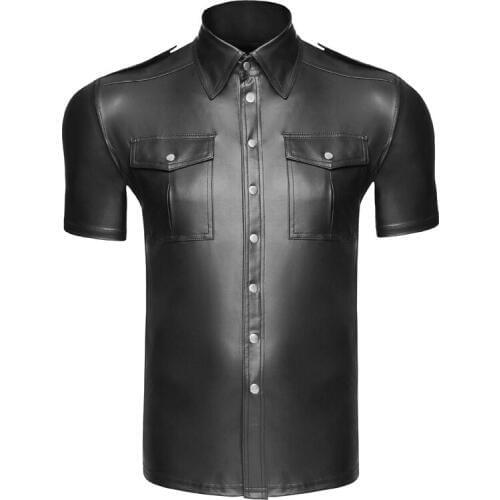 Men Sexy Nightclub Wear Faux Leather Black Shirt Tactical Shirt Summer Short Sleeve Work Hunt Shirts Uniform Gay Costume M-XXL