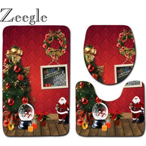 Zeegle Bathroom Mat Set 3pcs Merry Christmas Bathmat Set Absorbent Non-Slip Bathroom Rug Lid Toilet Cover Bathroom Floor Carpet