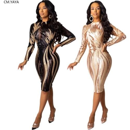CM.YAYA Women Fall Winter Long Sleeve O Neck Bodycon Sequined Sexy Fashion Night Club Party Bandage Midi Dresses Vestidos CY8201