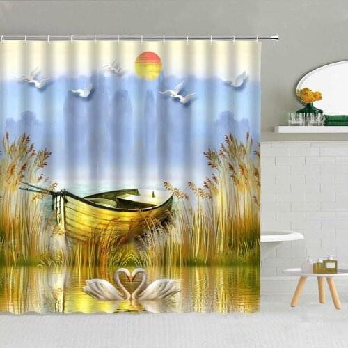 Natural Scenery Oil Painting Shower Curtains Wood Boat Swan Lake Sunrise Landscape Bath Curtain Bathroom Decor Waterproof Cloth