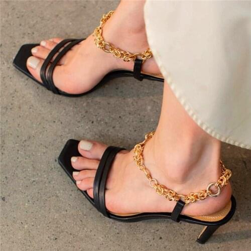 Sexy Party Pumps Womens Gladiator Sandals Chain Ankle Strap High Heels Party Pumps Square Toe Wedding Shoe34 35 36 37 38 39 40