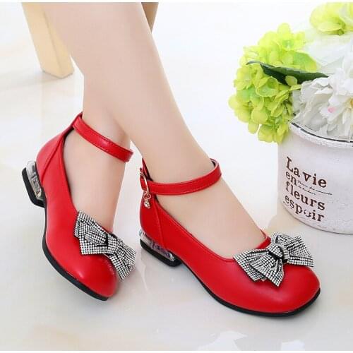 Children Party Leather Shoes PU Low Heel Sequins Bow Flower Kids Shoes For Girls Single Shoes Dance Dress shoe White Black