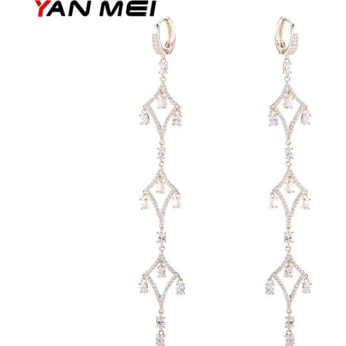 YANMEI CZ Rhombus And Square Dangle Earrings For Women Crystal Elegant Geometric Long Earring Fashion Jewelry YME7751