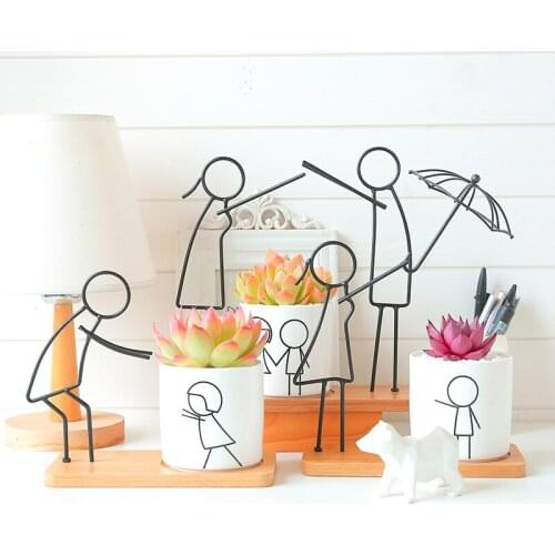 Iron Frame Creative Modeling Flower Pot Indoor Potted Simple Parent-Child Series Ceramic Succulent Flower Pot Garden Ornaments