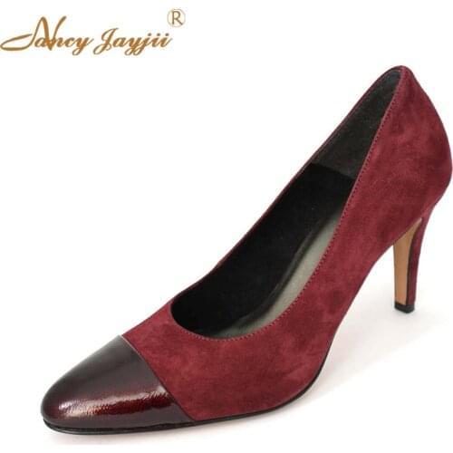 Female shoes Woman pums Flock&Patent Leather Splicing type Super high thin heels Pointes Toe Slip-On Casual Basic Fashion 2021