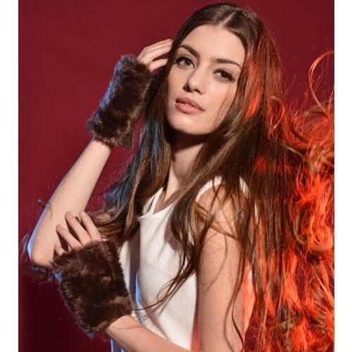 Womens Leopard print semi-finger genuine leather patchwork faux fur gloves ladys fingerless thicken warm mittens