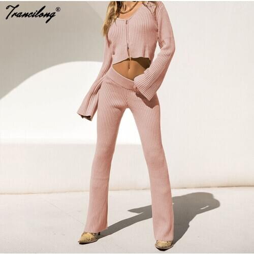 V Neck Knitting Pink 2 Piece Set Crop Top Women Long Sleeve Outfits Cardigan Sweatsuit Zipper Casual Suit Oversize 2021 Fashion
