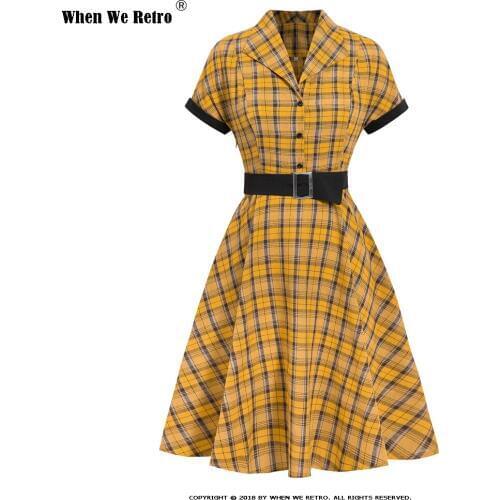 When We Retro New Vintage Plaid Dress Women Summer Dresses Sashes Female A-Line Plus Size Elegant Office Ladies Dress QY0815