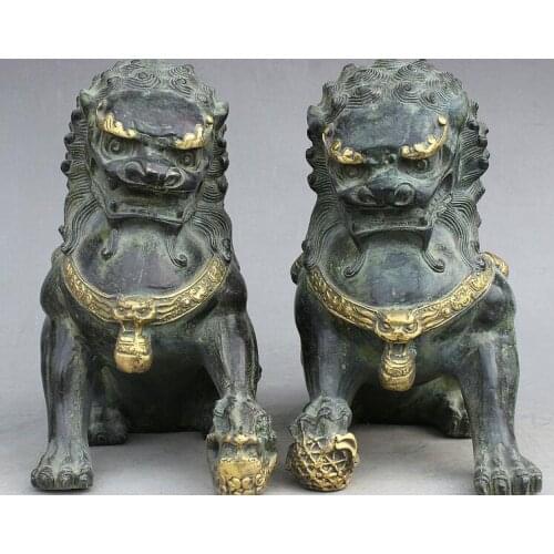 Zhmui88002841471++8" Chinese FengShui Bronze Gilt Guardian Foo Fu Dog Lion Ball Lionet Statue Pair