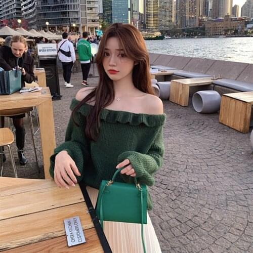 Winter Sweater Boat Neck Frock The Fairy Van Off-the-shoulder Woman Thicken Pullover Languid is Lazy Style Multicolor Short